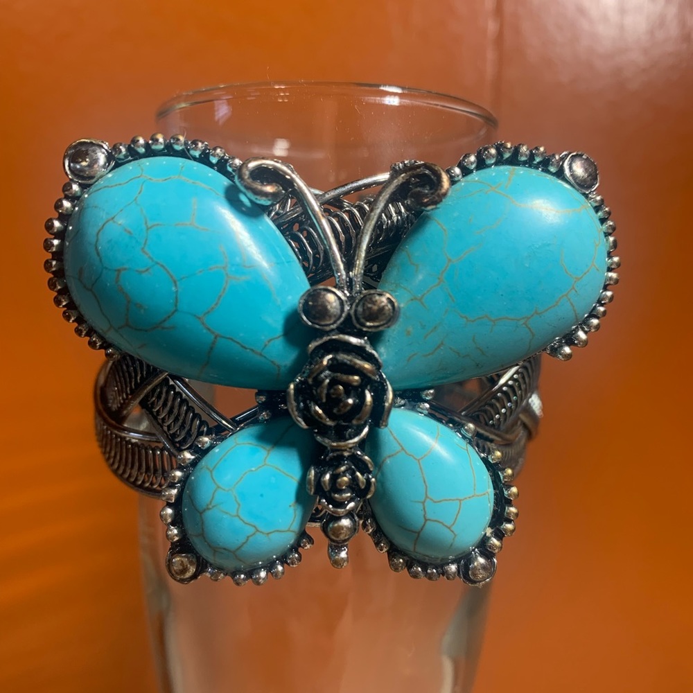 🦋 Turquoise and Silver Butterfly Cuff Bracelet